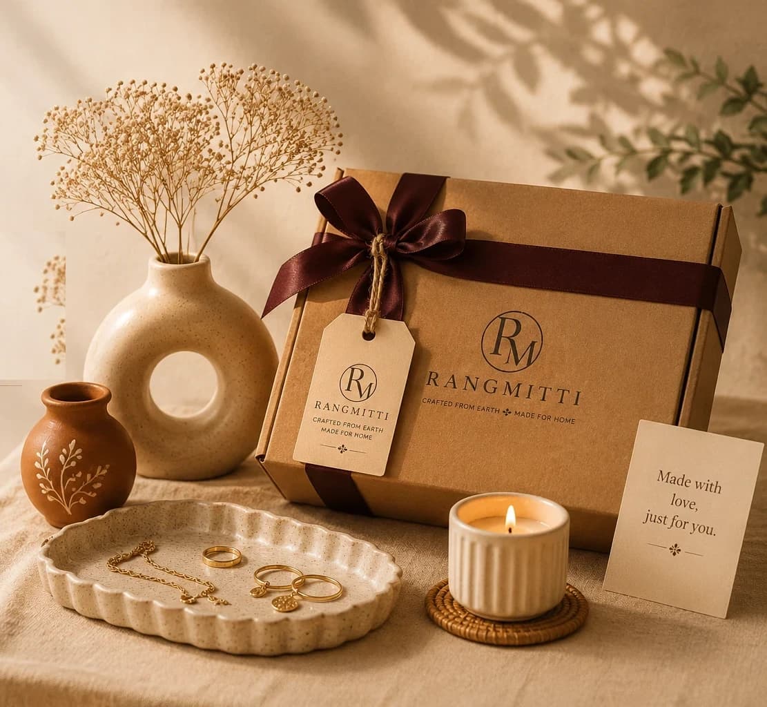 A Rangmitti gift box tied with a burgundy ribbon, beside handcrafted vases, a scalloped trinket tray with gold jewellery, and a lit candle
