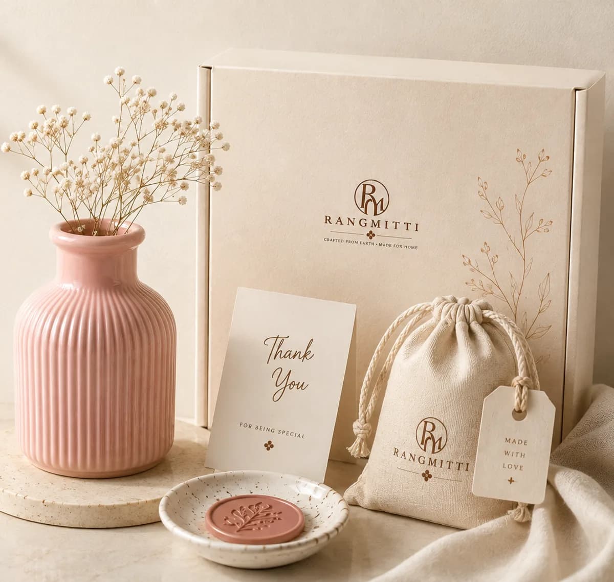 A Rangmitti personalised gift set — pink vase, thank-you card, wax seal and gift box